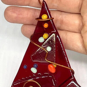 Red Fused Glass Christmas Tree Ornament Suncatcher Unique